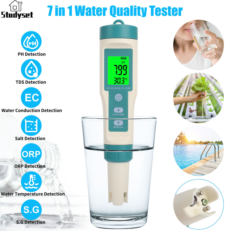 Studyset in stock digital ph tester 7 in 1 tds/ec/orp/temp/ph meter test water quality monitor ph tester for household drinking hydroponics