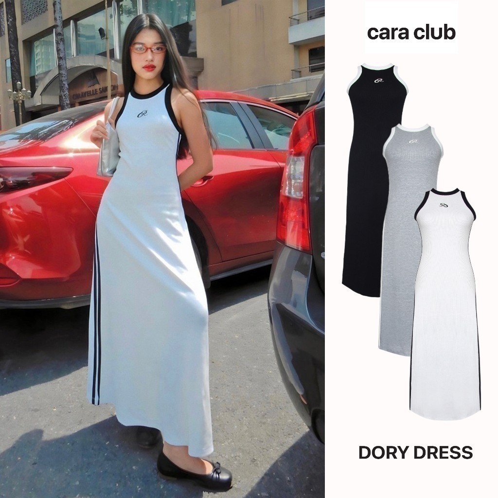 CARA Đầm thun cổ yếm basic Dory viền sọc trắng 2 bên năng động