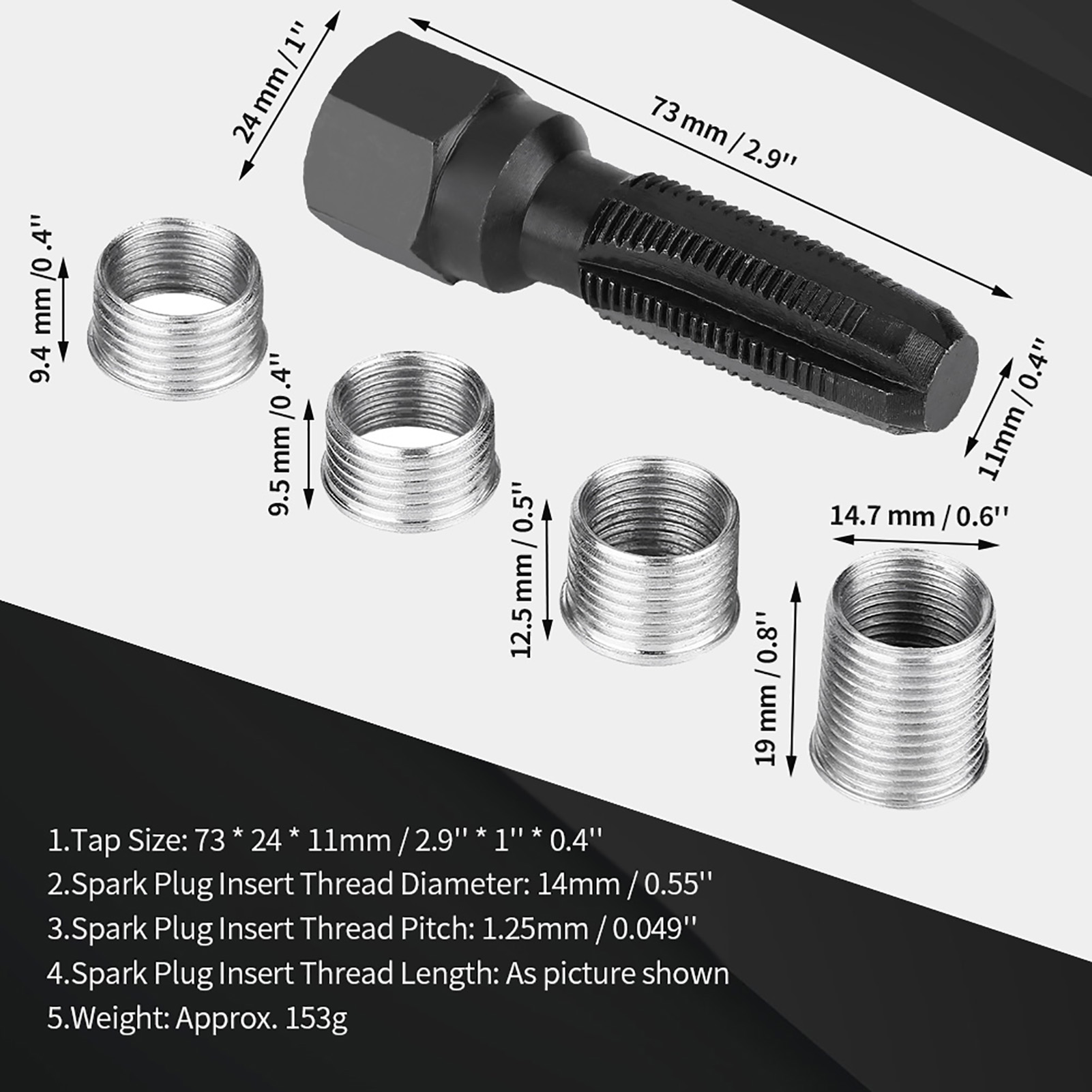 Spark Plug 5Pcs Carbon Steel Spark Plug Re-thread Tap Tools with Inserts for 14mm Sparking Plugs Repair