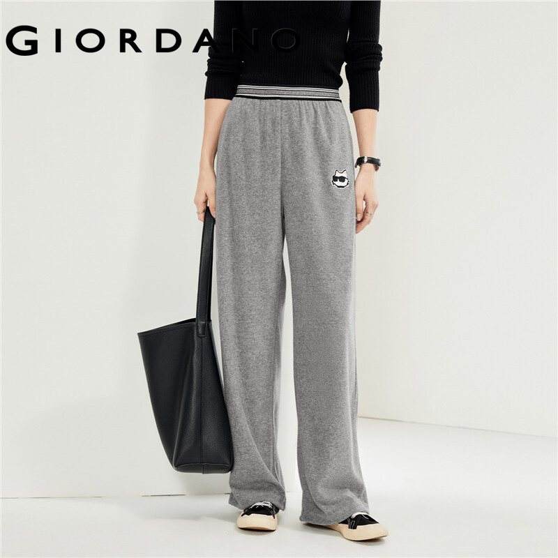 GIORDANO Women Joggers Cat Embroidery Joggers Wide Leg Contrasting Elastic Waist Athleisure Fashion Casual Joggers 18414901