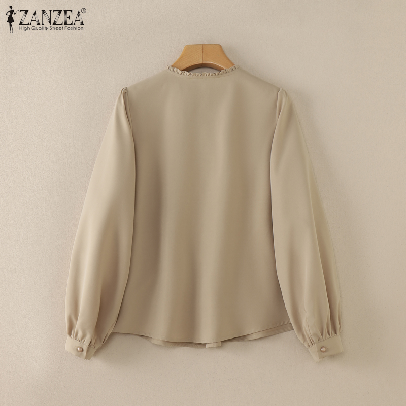 ZANZEA%20Korean%20Style%20Women%20Office%20Pleated-Bib%20Shirts%20Lace-Up%20Ruffled%20Crew%20Neck%20Long%20Sleeve%20Plain%20Tops%20-%20Image%206
