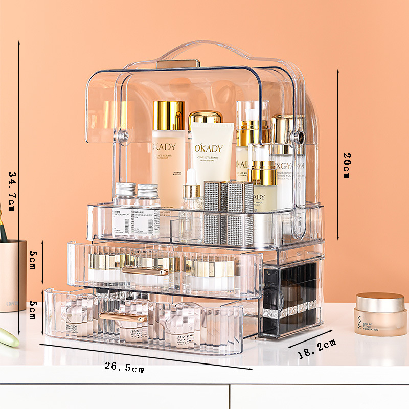 Transparent dustproof cosmetics storage box Desktop double open drawer type clamshell storage cabinet Large capacity storage rack