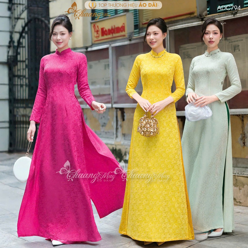 Áo dài truyền thống Xuân Trà ADC794 may sẵn áo dài gấm hoa giáo viên đi dạy dự tiệc cưới lễ tết đẹp