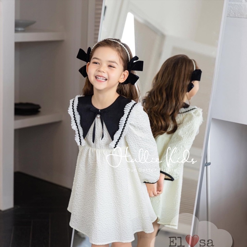 Váy đầm trắng cổ dập ly tiểu thư cho bé gái