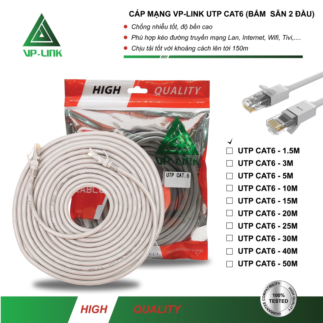Cable lan vp-link utp cat 6 - 3m/ 5m/ 10m/ 15m bấm sẵn 2 đầu - cáp mạng