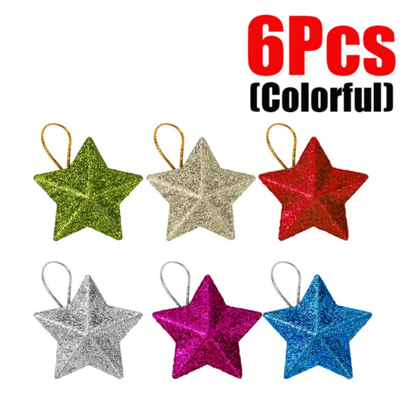 6Pcs/Set Christmas Star Pendants 3D Gold Glitter Christmas Tree Colorful Five-Pointed Star Pendants Christmas Festive Party Home Decorations