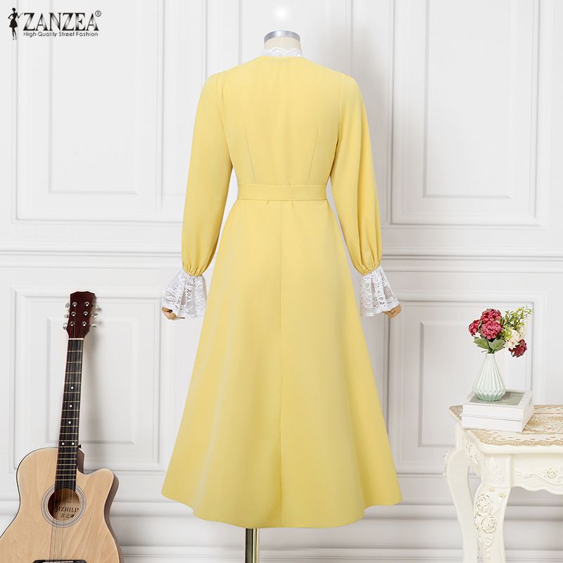 ZANZEA%20Korean%20Style%20Women%20Fashion%20Stand%20Collar%20Full%20Sleeve%20Dresses%20Stitching%C2%A0Color%20Lace%20Patchwork%20Loog%20Dress%20#1020%20-%20Image%206