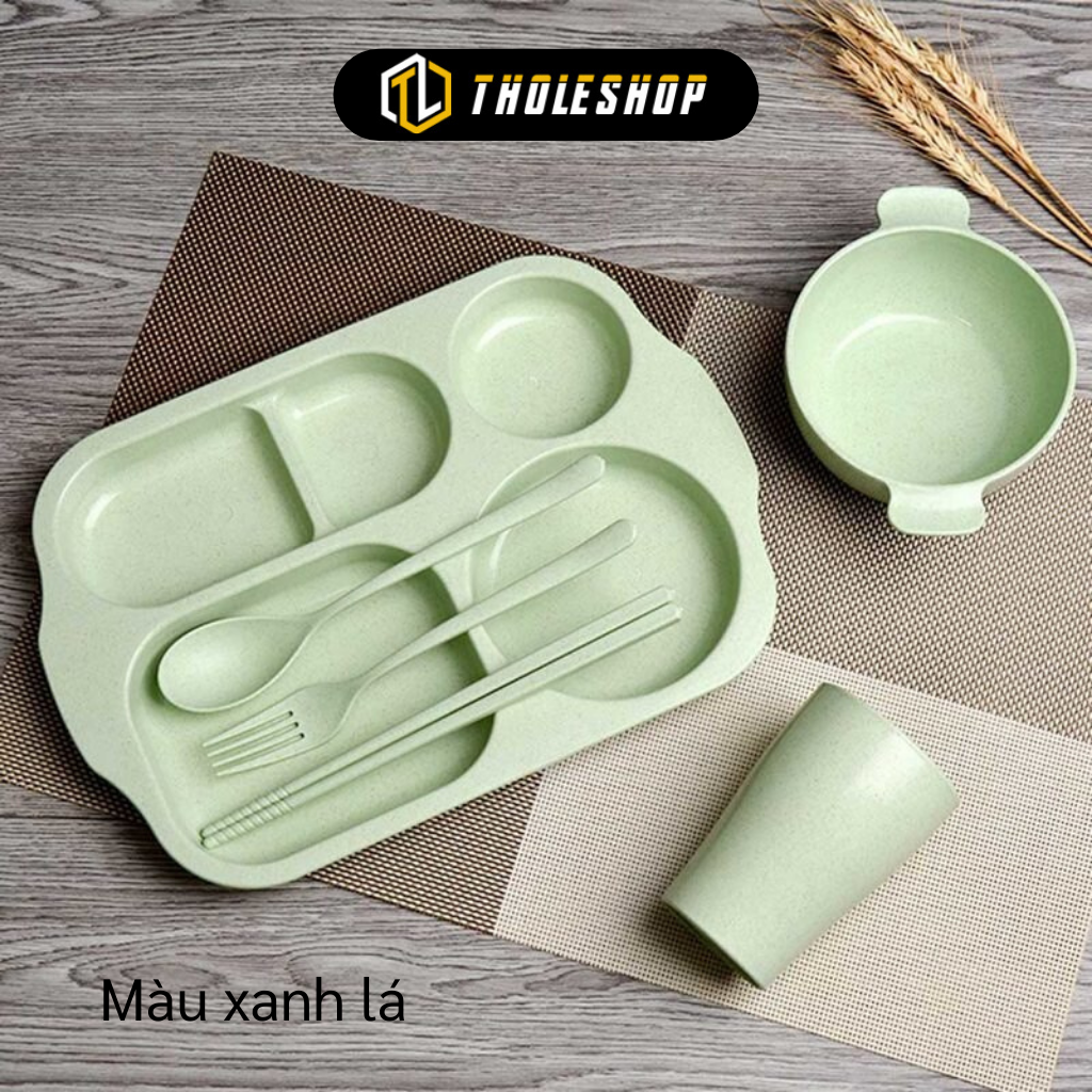 Khay ăn dặm lúa mạch - Bộ khay tập ăn 6 món kèm cốc, bát ăn, muỗng, nĩa, đũa cho bé yêu - Bộ bát ăn dặm cho bé
