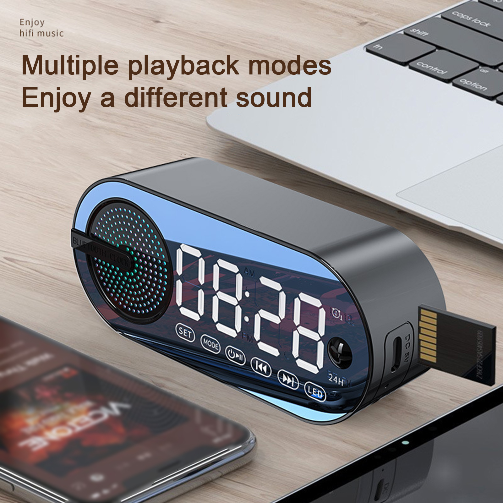 Wireless Speaker with Stereo Structure Speaker with Immersive Sound Experience Portable Wireless Speaker with Mirror Clock Immersive Sound Enhanced Bass Bluetooth 5.0 Speaker