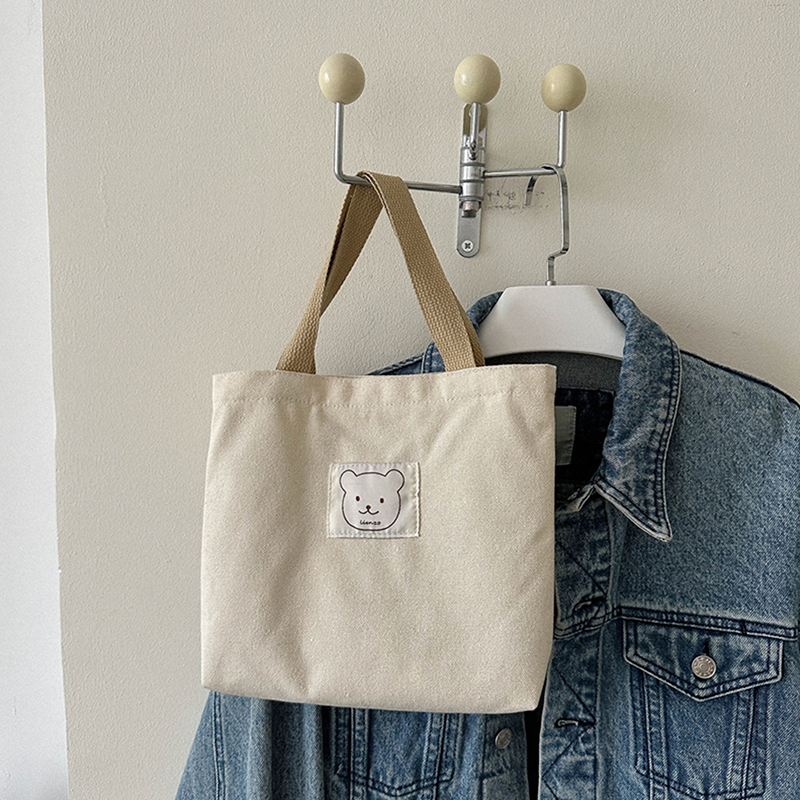 Small Canvas Women Tote Food Bag Japanese Bear Hand Lunch