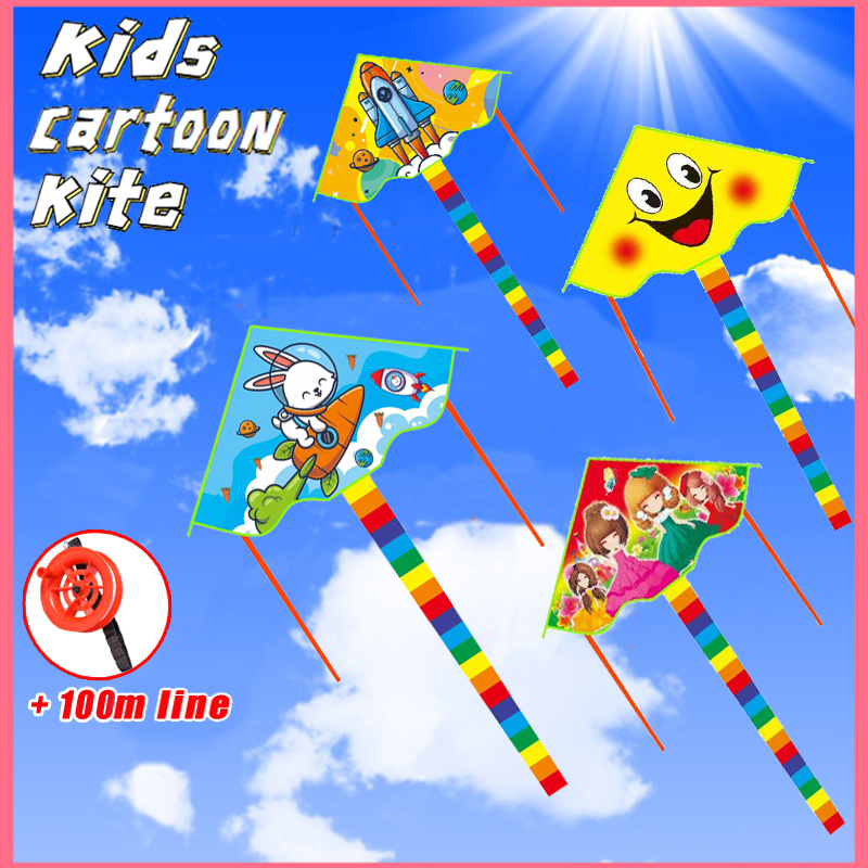 With 100m Line）Cartoon Kite Rainbow Smiling Face Outdoor Flying Kites  Garden Sports Decoration Kids Toys