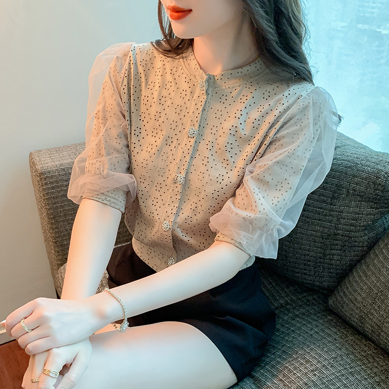 YIGE Hollow mesh puff sleeves high-quality temperament foreign style Korean version blouse women's plus size 2023 summer crop top