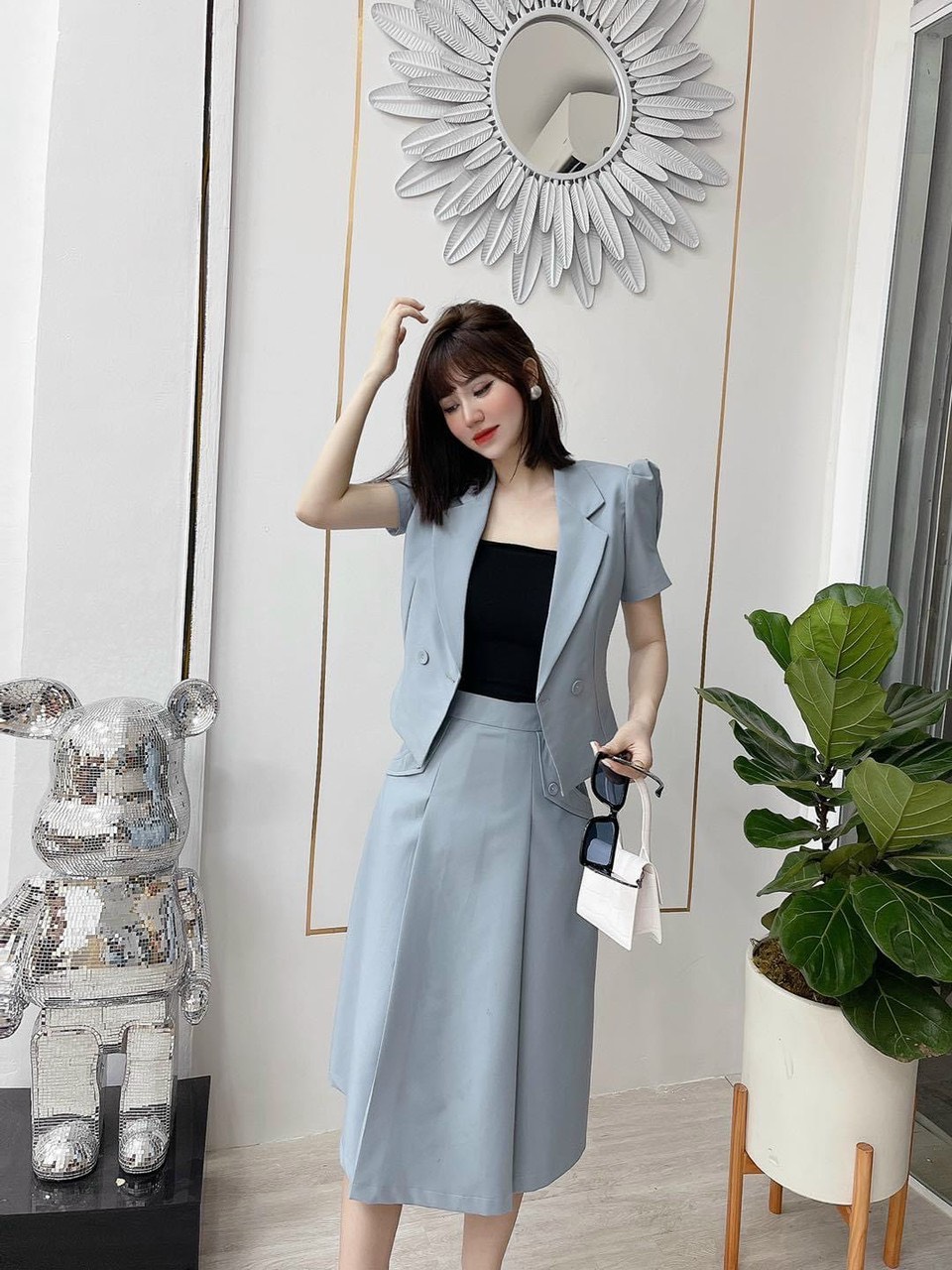 Set váy kiểu vest 3 món chất liệu tuyết mưa - set váy áo vest có lót mix chân váy xòe dáng dài hợp đi làn công sở lịch sự