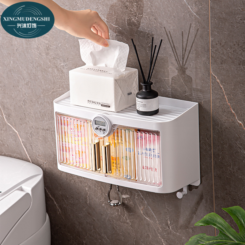 Bathroom shelves, wall-hung high-end wall, bathroom cabinets, tissue boxes, mask storage boxes, simple timing storage boxes,Plastic,Save space