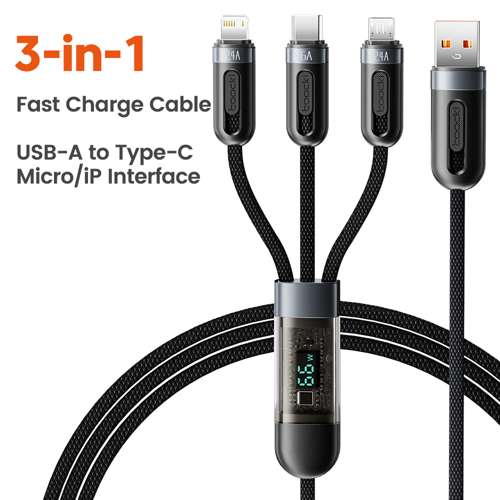 Toocki 66W 3 in 1 Transparent Digital Display Cable Fast Charge USB