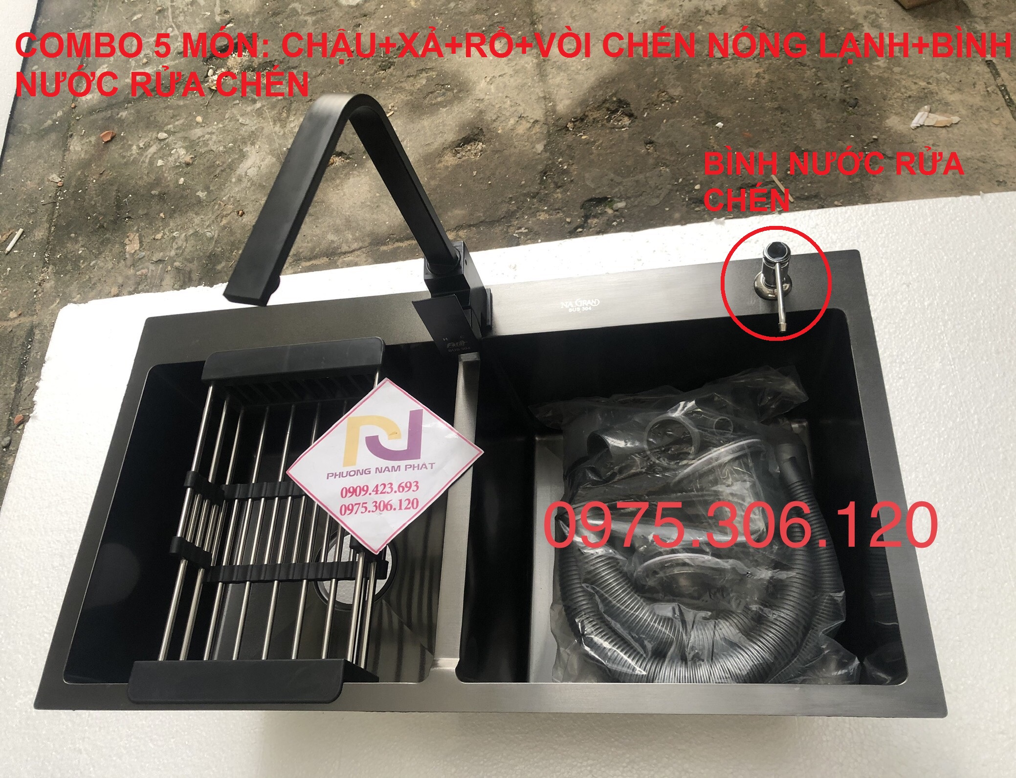 [PHỦ NANO CHỐNG TRẦY XƯỚC} Combo Chậu Rửa Chén Bát CAO CẤP N5 8245 NANO NA.GRAND và xả chậu và Rổ Rút Đa Năng đựng trái cây và vòi rửa chén nano nóng lạnh và bình nước rửa chén