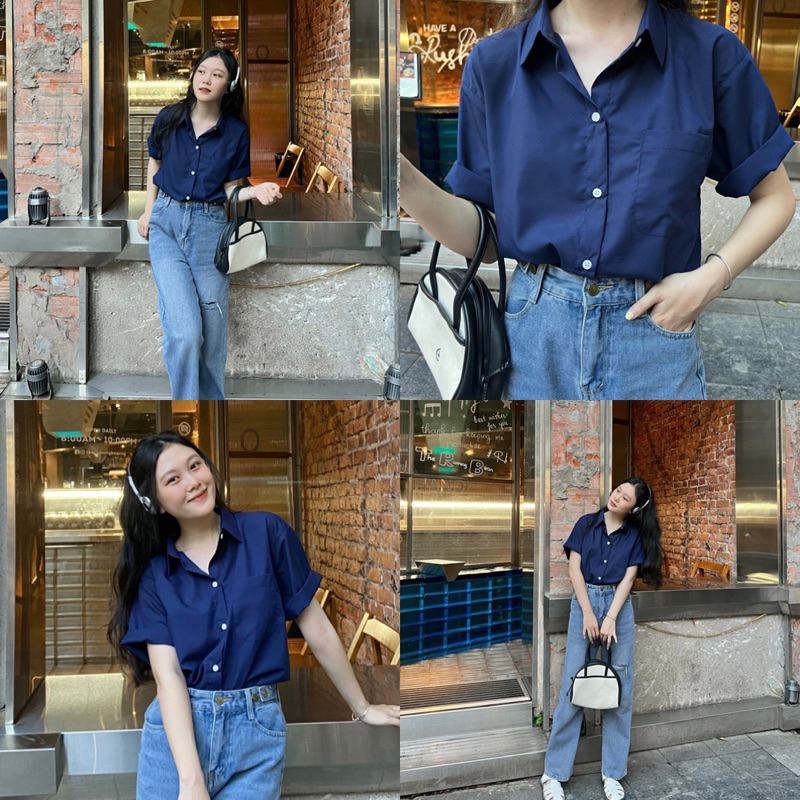 Áo sơ mi nữ ngắn tay - hee by ohi - màu xanh tím than navy cotton chống nhăn