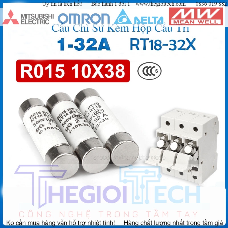 Hộp cầu chì rt18/-32x có đèn 1p kèm cầu chì sứ ro15 10x38 1-32a