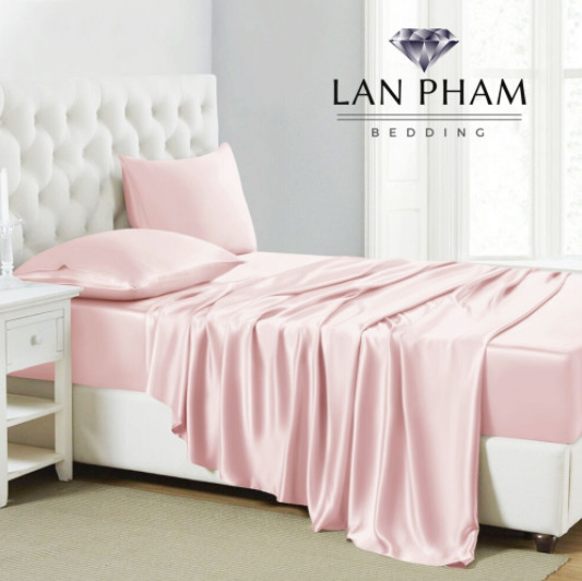 ( Lụa Loại 1) Bộ 5 Món Chăn Ga Gối Phi Lụa Lan Pham Bedding Hàng Loại 1 Mát Mịn - Hồng Phấn