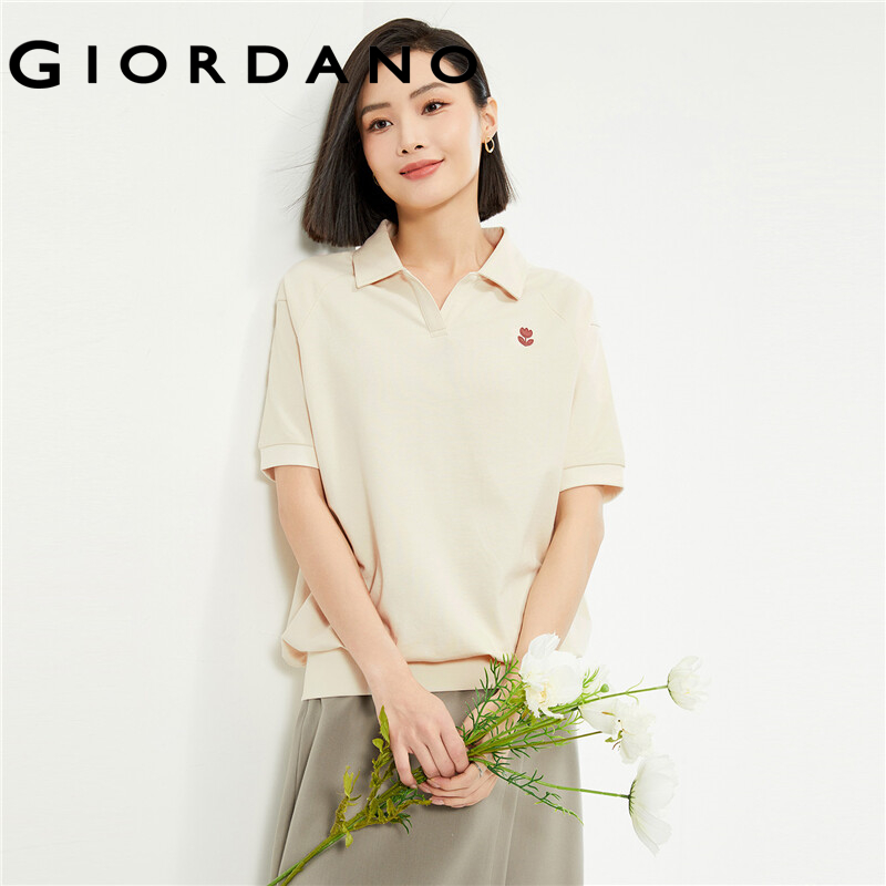 Giordano women polo shirts red flower badge cotton polo shirts v-neck collar short sleeve fashion casual polo shirts 05314383