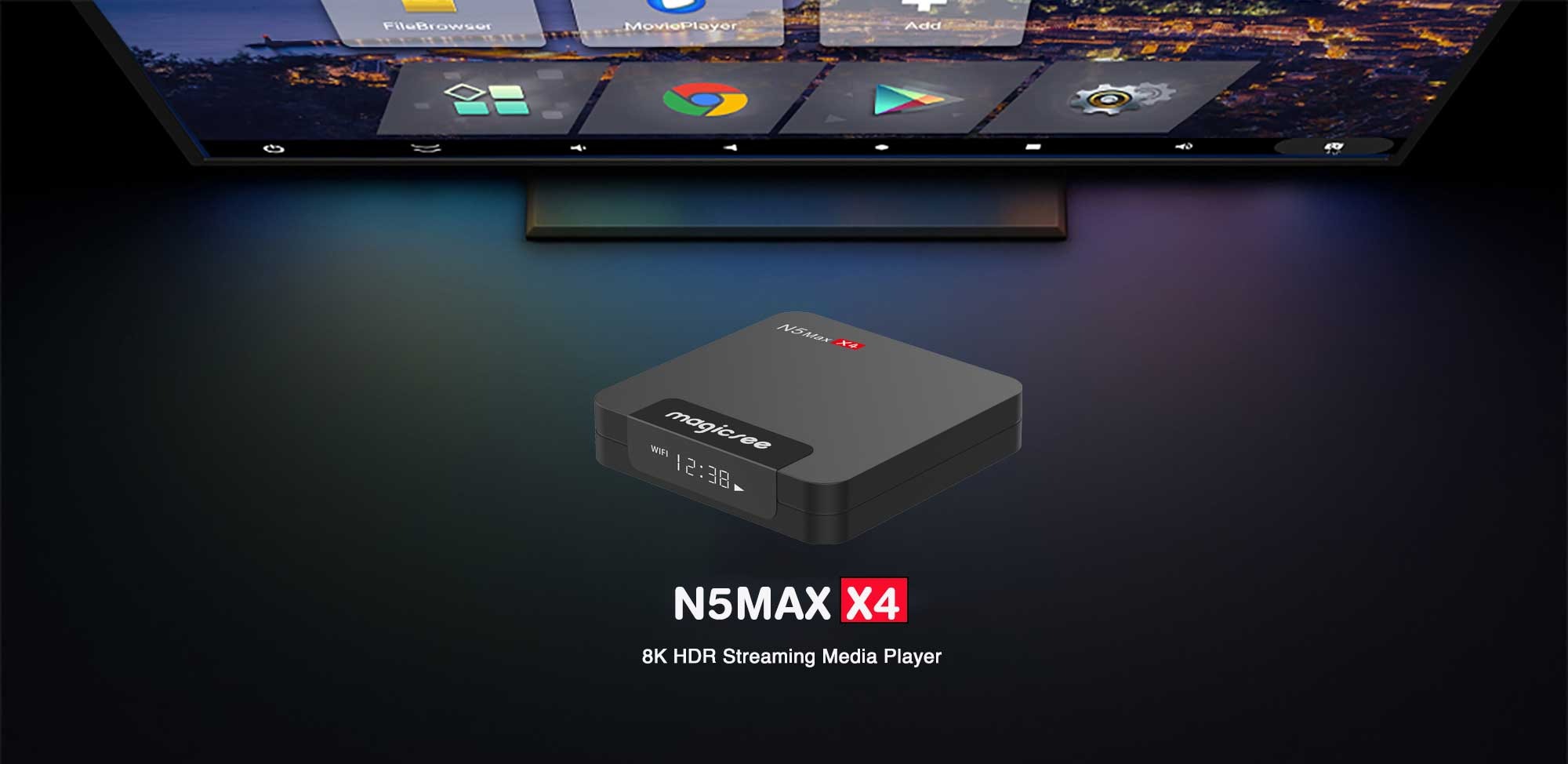 tivi box n5 max X4 có điều khiển giọng nói kiêm bàn phím đèn nền magicsee Ram 4G Android 11 bluetooth wifi kép 2 băng tần S905X4 cài sẵn các ứng dụng giải trí miễn phí vĩnh viễn