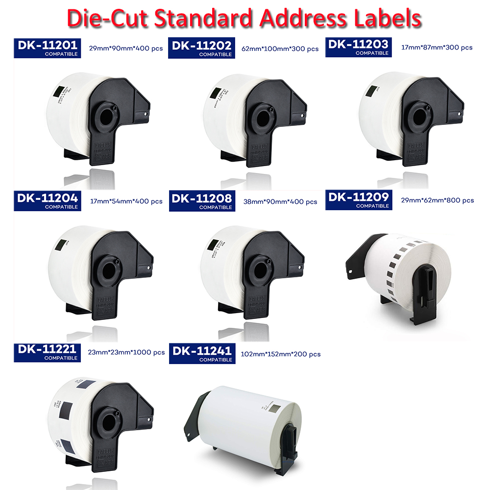 1roll brother compatible die-cut standard address labels dk-11201 dk-11202 dk11202 dk-11203 dk-11204 dk-11208 dk11208 dk-11209 dk11209 dk-11221 17mm 29mm 38mm 62mm thermal paper roll shipping label