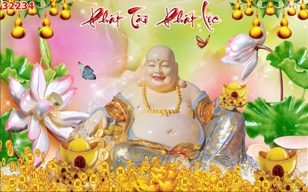 Tranh dán tường phòng khách, phòng thờ, Ông thần tài( đã tích hợp sẵn keo)