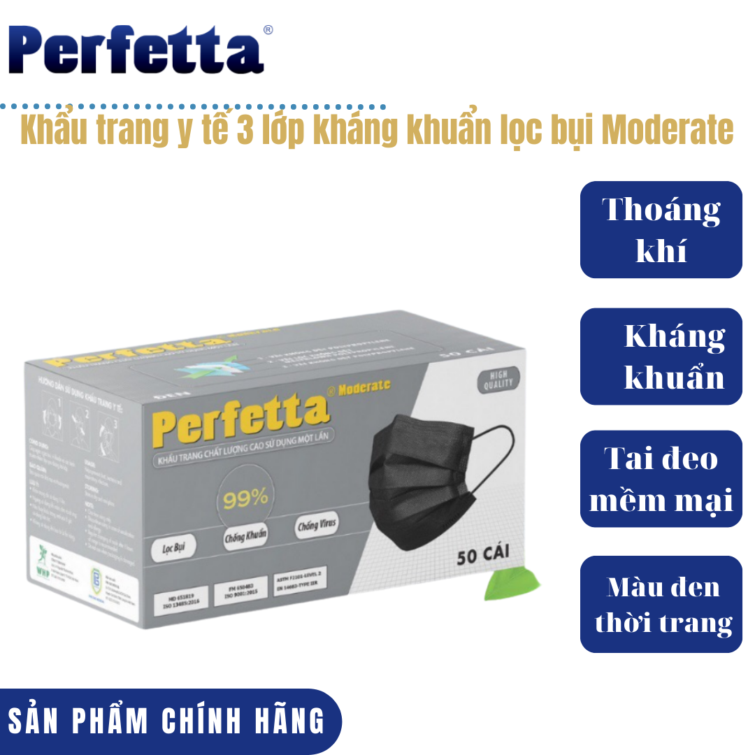 Khẩu trang y tế 3 lớp Perfetta Moderate trắng/xanh (50 cái/hộp)