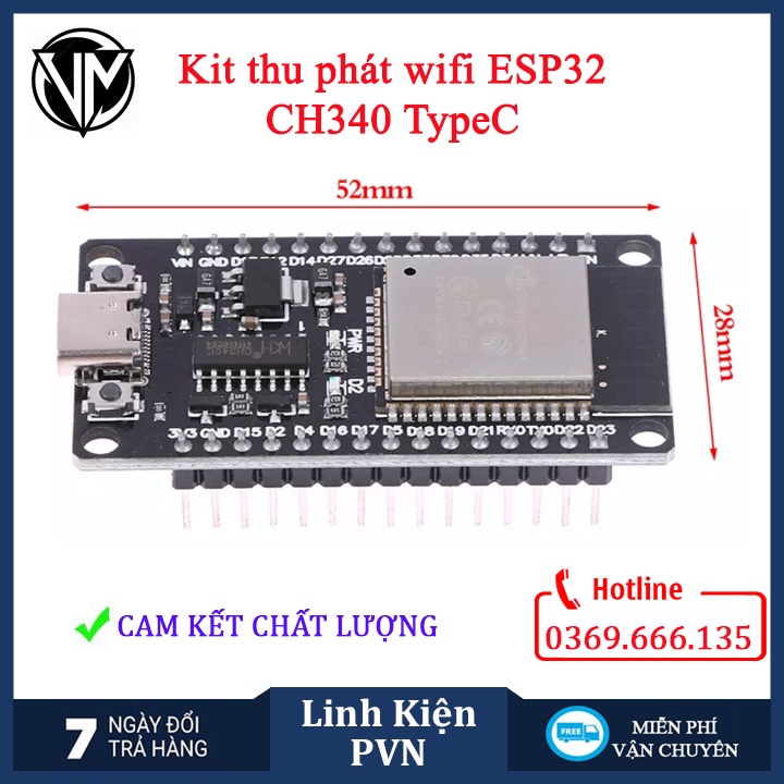 Kit thu phát wifi bluetooth ESP32 chip CP2102/CH340 - 30 Chân bảo hành 6 tháng  (kit thu phát IoT)