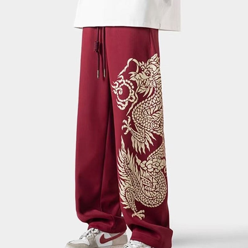 EERSHENSHI Loose straight casual dragon print trousers for men in the Year of the Dragon and natal year trousers for men with design hip-hop wide-leg trousers
