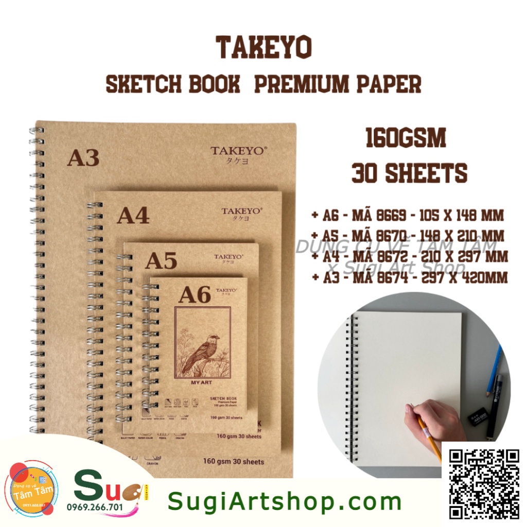 Sổ vẽ sketch book takeyo bìa kraft , 30 tờ , 160gsm - bìa ngẫu nhiên