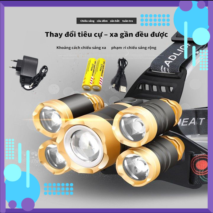 Đèn pin đội đầu 5 bóng led siêu sáng - đèn pin cầm tay đa năng 5 bóng led pin sạc usb cao cấp
