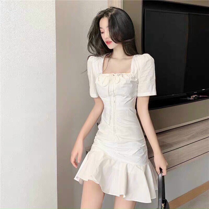 Váy Trắng, Váy Nữ, Đầm Nữ Cổ Vuông Đuôi Cá