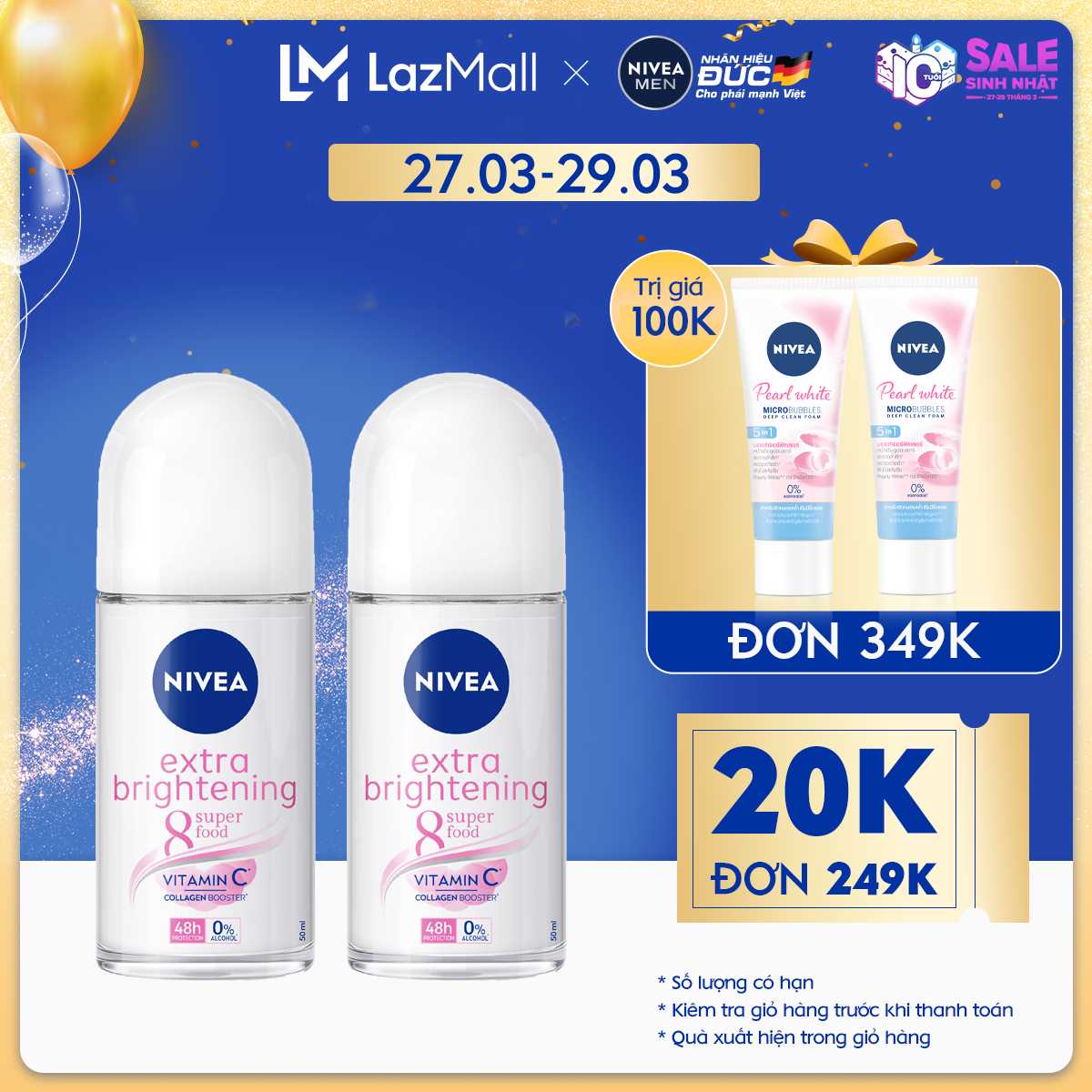 Combo 2 Lăn Ngăn Mùi NIVEA Extra Brightening Trắng Mịn Mờ Vết Thâm (50ml) – 83747