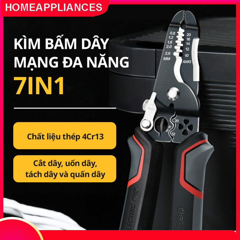【HCM/24H】Kìm Bấm Dây Điện Đa Năng Deli – Kết hợp uốn, cắt, bấm, tách dây – Chất liệuThép Cao Cấp, Điều Chỉnh Lực Tuốt Dây Dễ Dàng