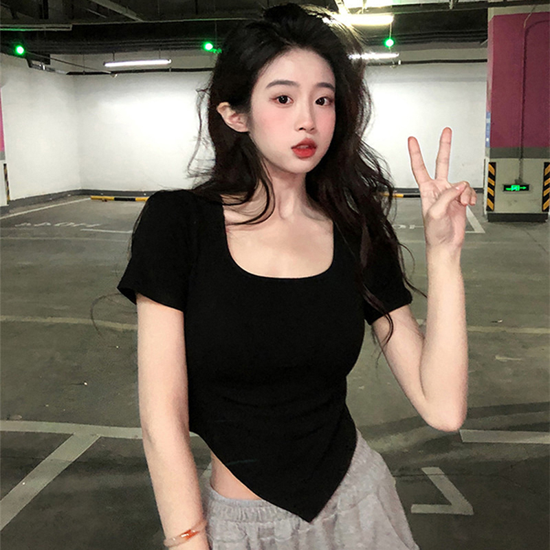 Women Short Sleeve Square Neck T-Shirt Summer Irregular Hem Slim Casual Bottom TopsNIUMAO. 