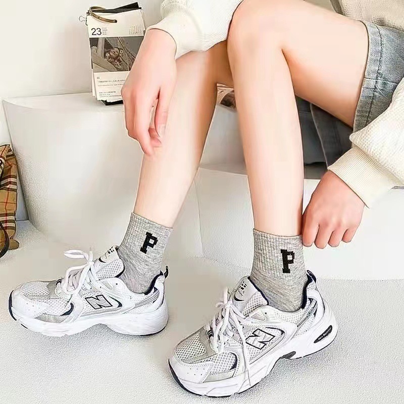 VASIBAEN Men's and women's boat socks Korean version short tube summer Japanese ins tide P letter sports and leisure socks couple socks