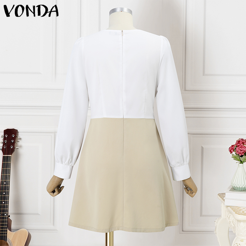 VONDA%20Women's%20French%20Square%20Collar%20Contrast%20Splicing%20Dress%20Temperament%20Puff%20Sleeve%20A-Line%20Dresses%20(Korean%20Commuting)%20#3%20-%20Image%202