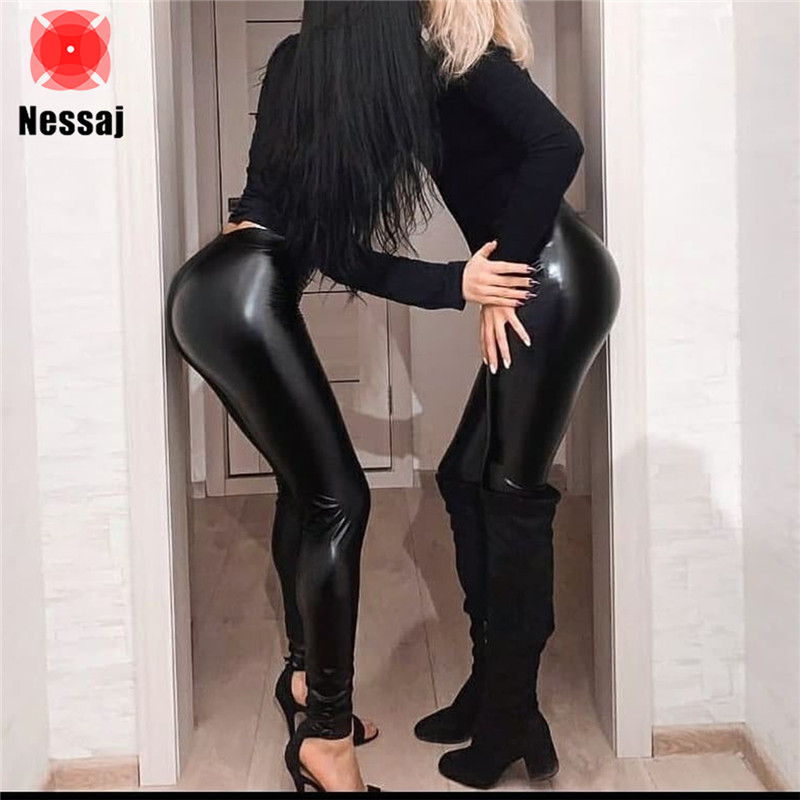 Nessaj Women Black Autumn Winter Pu Leather Leggings High Waist