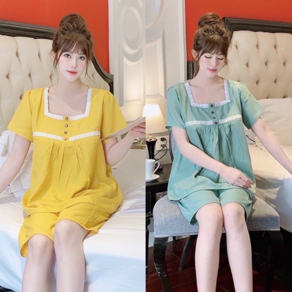 Bộ đồ bầu lửng đũi lụa cổ vuông viền ren tiêu thư xinh xắn - bộ có khóa cho con bú tiện lợi bl864