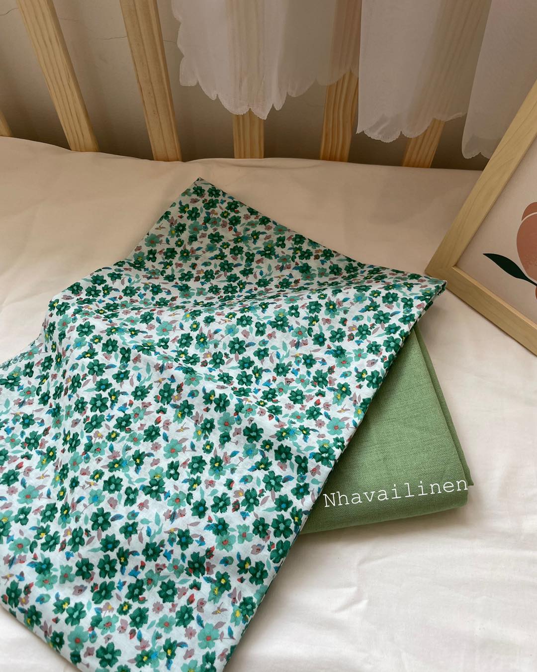 Vải thô cotton hoa loang xanh lá