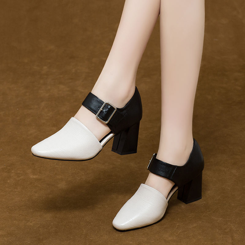Huilm, women's high heels with heel height 7cm 2024 new summer one-button high heels women's thick heel toe sandals spring versatile soft leather women's shoes