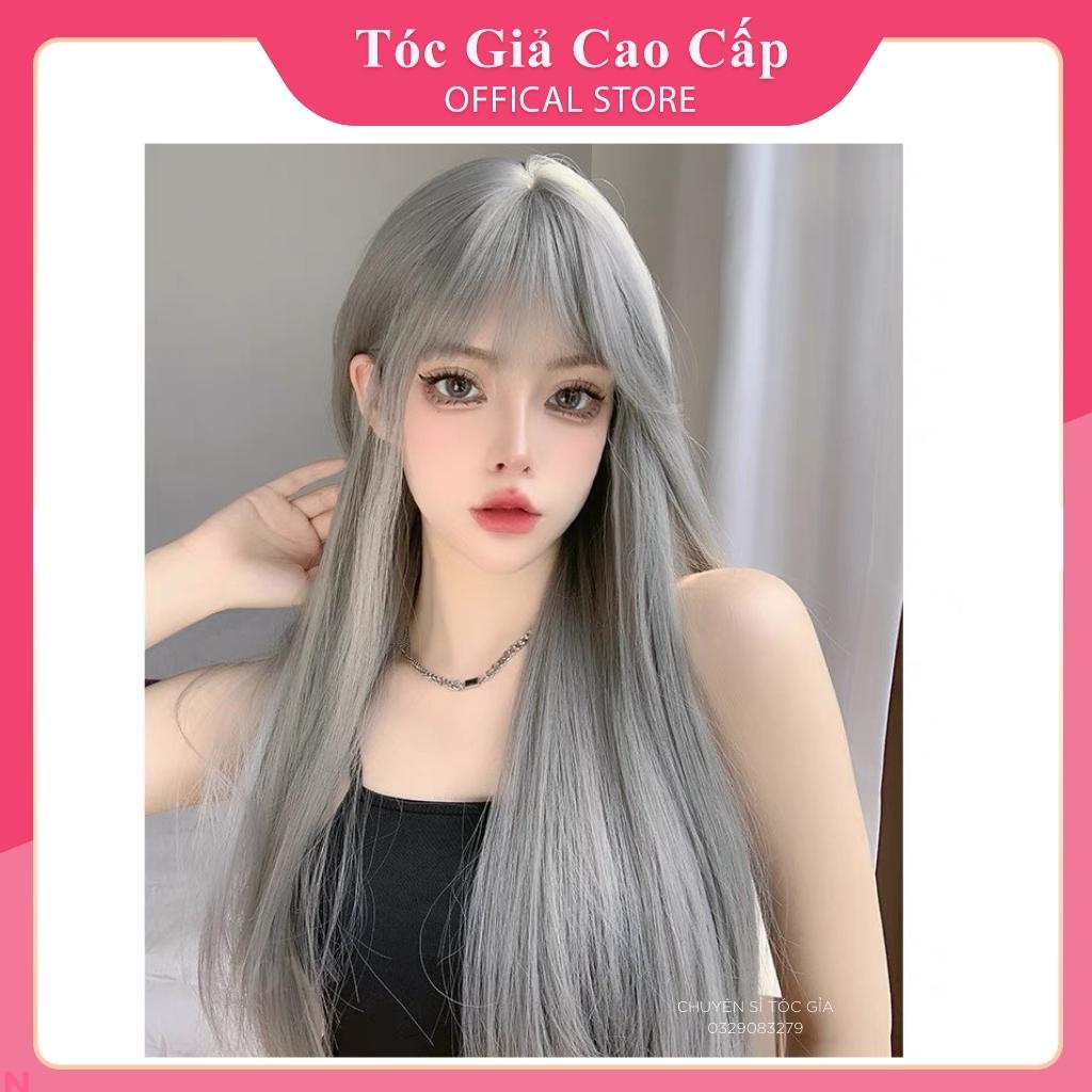 Tóc giả nữ đẹp nguyên đầu thẳng xám phối line trắng , tặng kèm lưới trùm wig, z7007