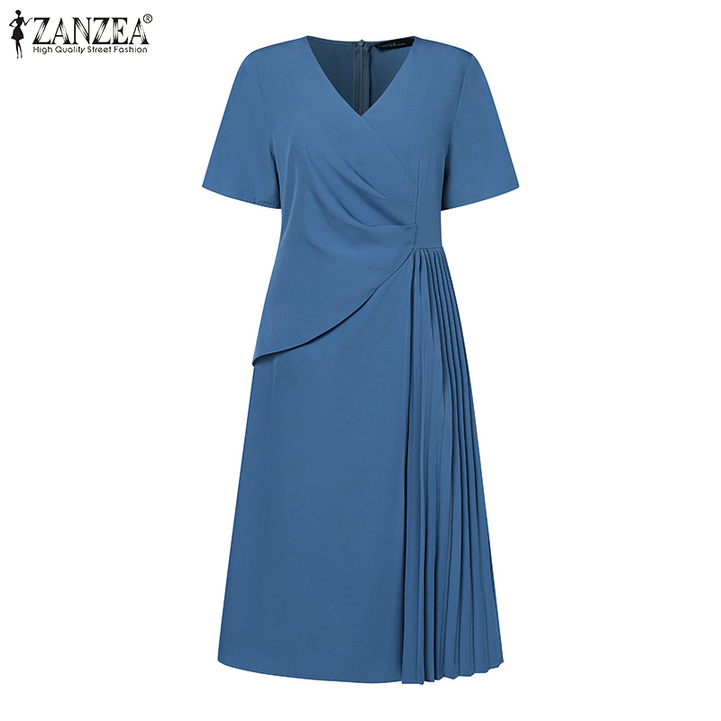 ZANZEA%20Korean%20Style%20Women%20Elegant%20Pleats%20A-Line%20Dress%20V-Neck%20Solid%20Color%20OL%20Mid%20Dresses%20With%20Back%20Zipper%20-%20Image%206