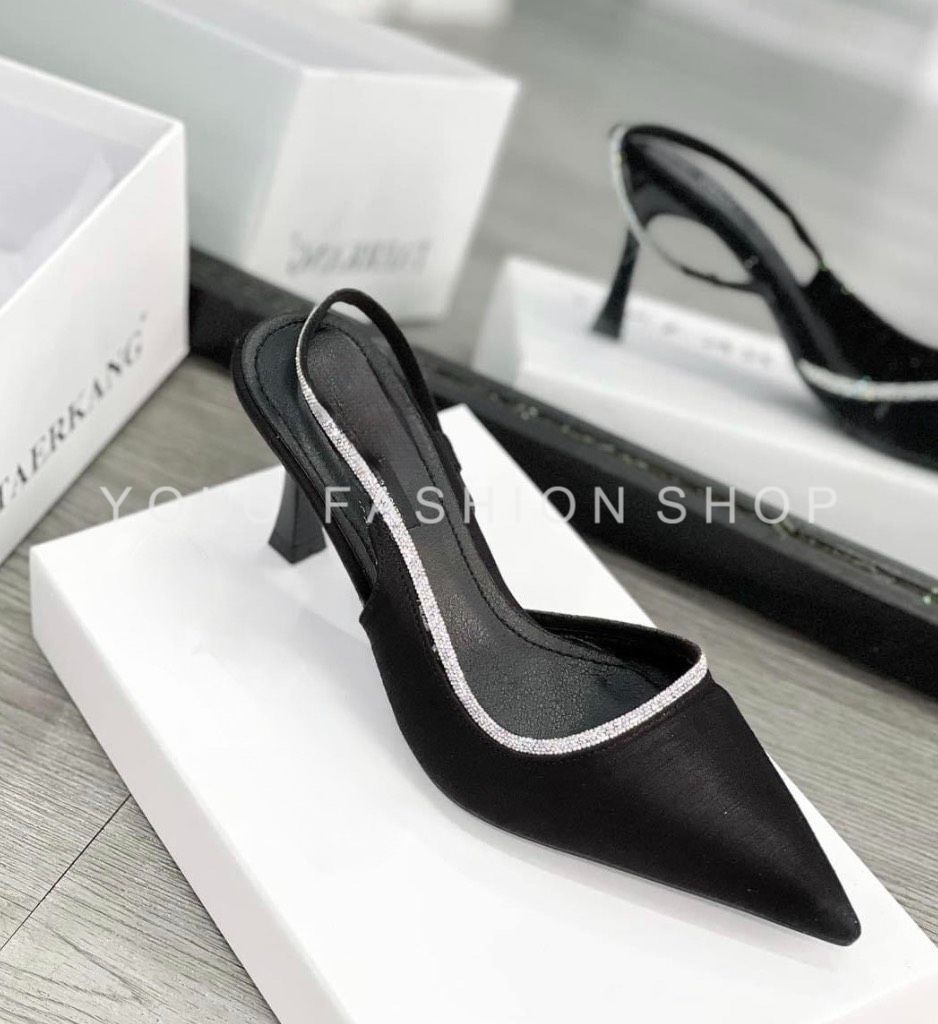 Giày cao gót hậu 7p mũi nhọn viền đá lấp lánh-TG9