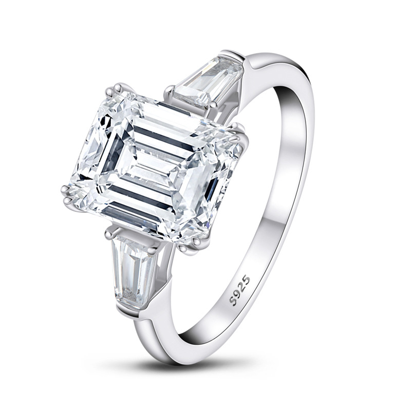 Fashion High-end S925 Silver 3 Carat Ring Female Luxury Emerald Cut Three Stone Wedding Ring