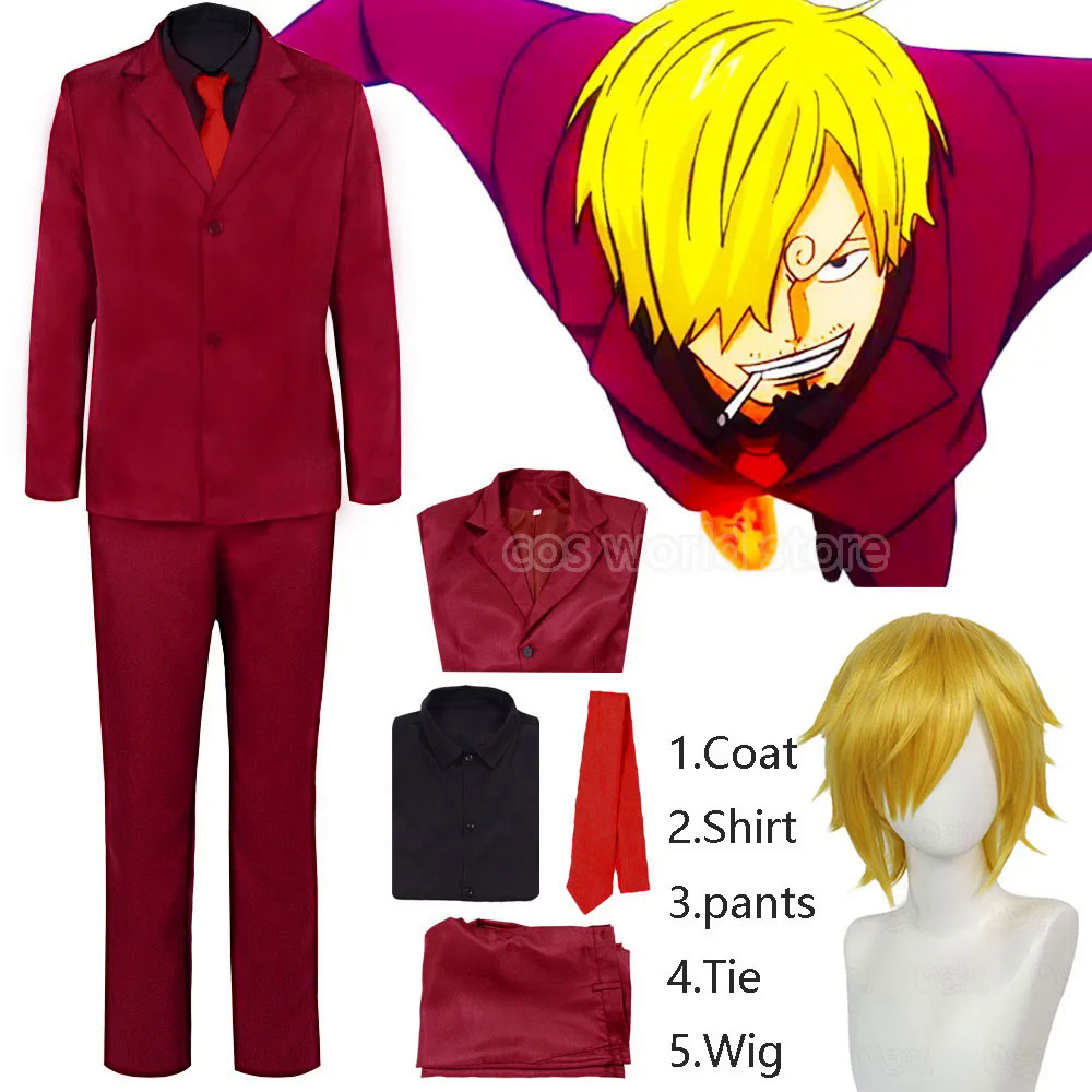 Red Sanji Cosplay One Anime Cospaly Costumes Wig Man Red Trench Coat jacket  Pants Outfit Halloween Christmas Uniform Suits