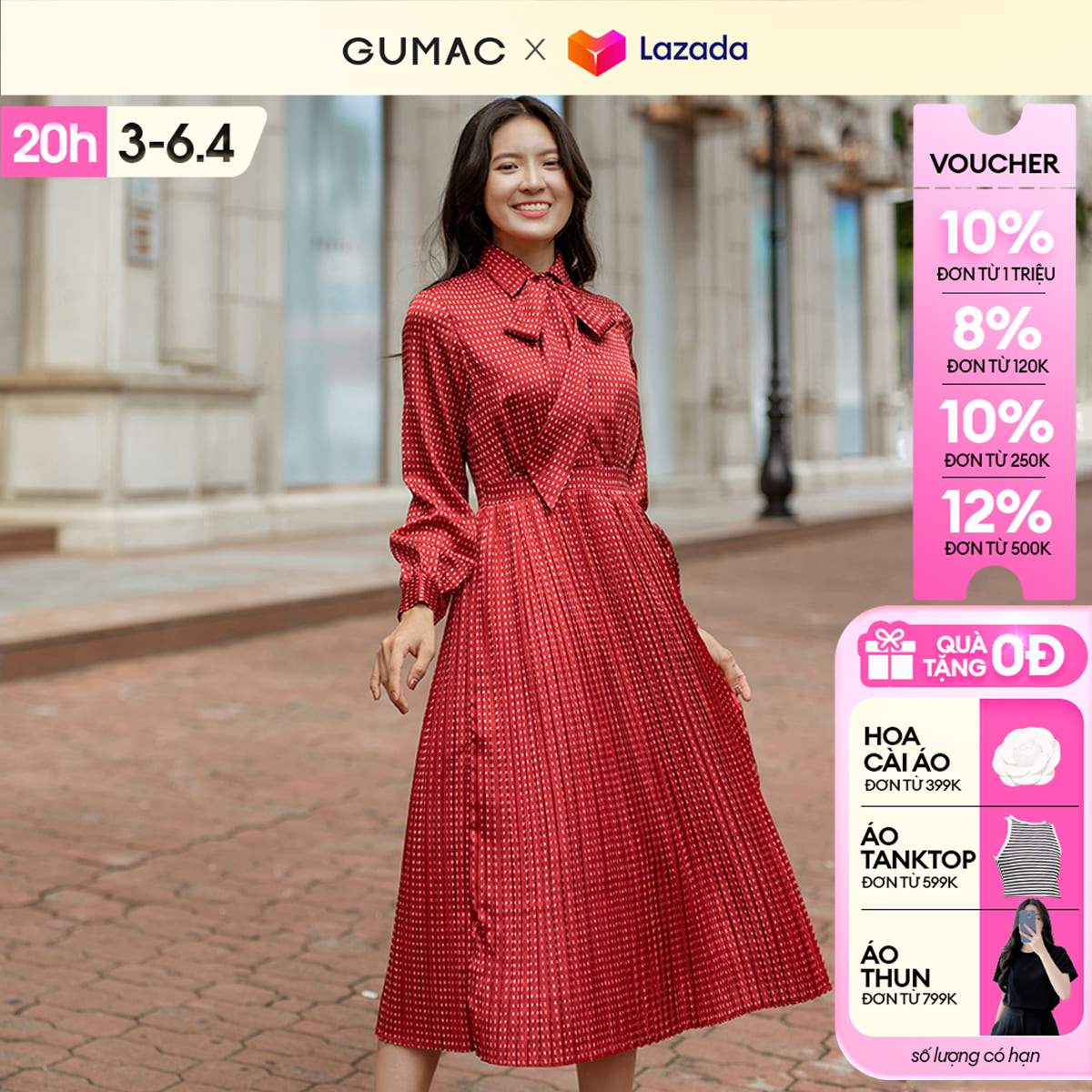 Đầm nữ dập ly buộc nơ thời trang GUMAC DD06042