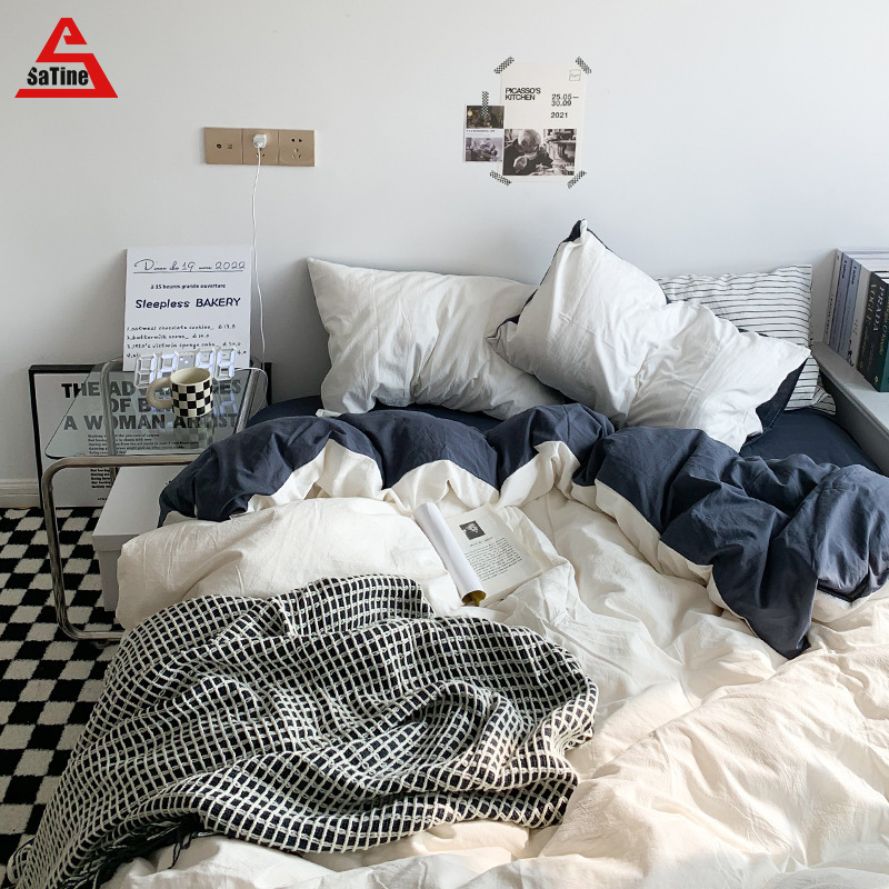 Solid color double washed cotton four-piece set thickened brushed three-piece bedding