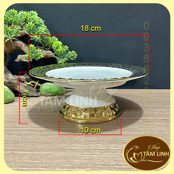 Đĩa trái cây thờ cúng họa tiết kim cương ziczac bằng sứ tráng men cao cấp_loại 1